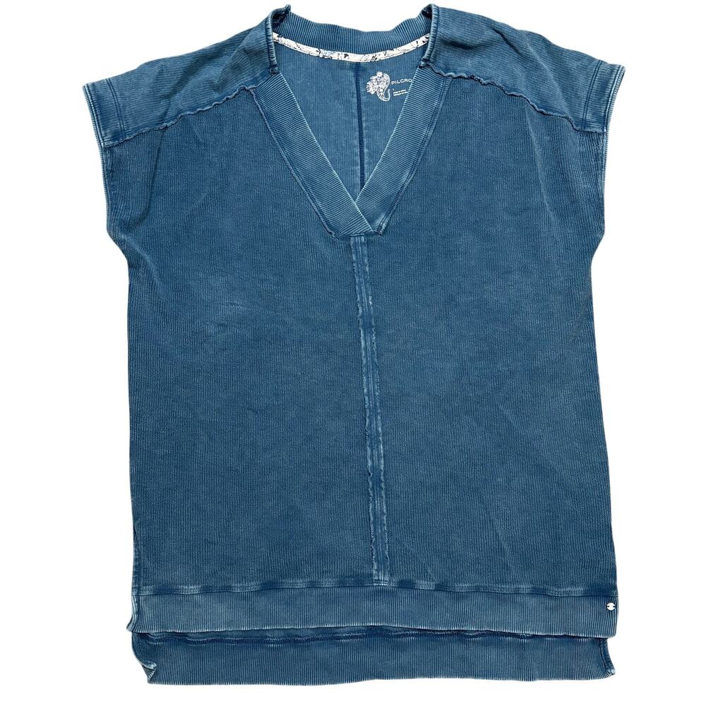 Pilco Sleeveless Womens Top Ribbed Oversized Raw Hem Boho Casual Blue Large